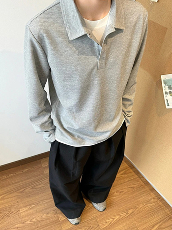 Ανδρικό μακρυμάνικο T-shirt με γιακά Henley, γκρι φλοράλ waffle ύφανση, φθινοπωρινό στυλ πόλο
