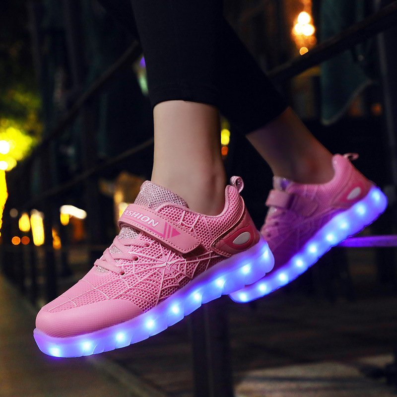 LED svjetleće dječje tenisice, unisex, proljetno-ljetna moda, Velcro kopčanje, gornji dio od mreže i kože