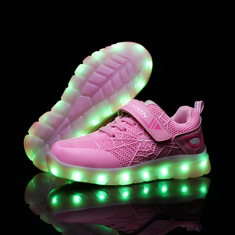 LED svjetleće dječje tenisice, unisex, proljetno-ljetna moda, Velcro kopčanje, gornji dio od mreže i kože