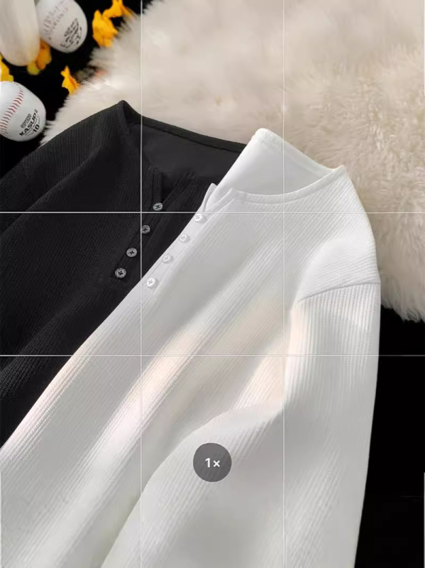 Ανδρικό Henley μακρυμάνικο T-shirt σε αμερικανικό στυλ, λευκό, χαλαρή γραμμή, μεγάλα μεγέθη, φθινοπωρινό βασικό ρούχο