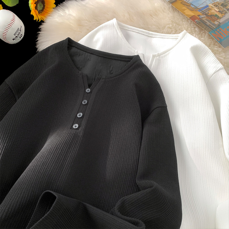 Ανδρικό Henley μακρυμάνικο T-shirt σε αμερικανικό στυλ, λευκό, χαλαρή γραμμή, μεγάλα μεγέθη, φθινοπωρινό βασικό ρούχο