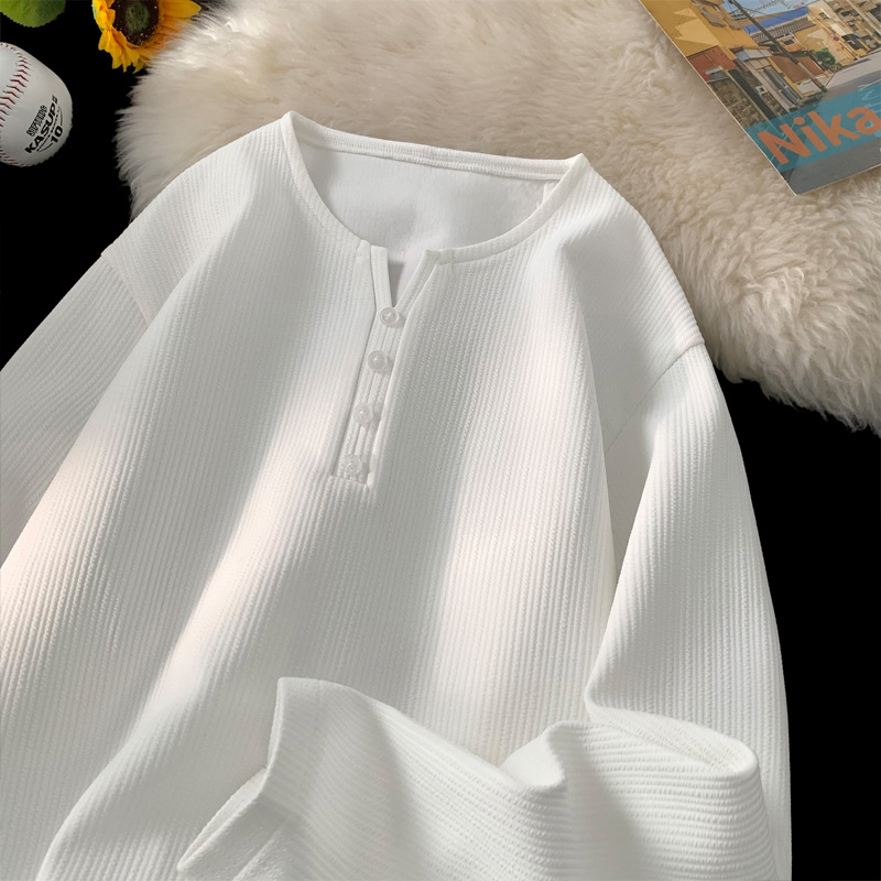 Ανδρικό Henley μακρυμάνικο T-shirt σε αμερικανικό στυλ, λευκό, χαλαρή γραμμή, μεγάλα μεγέθη, φθινοπωρινό βασικό ρούχο