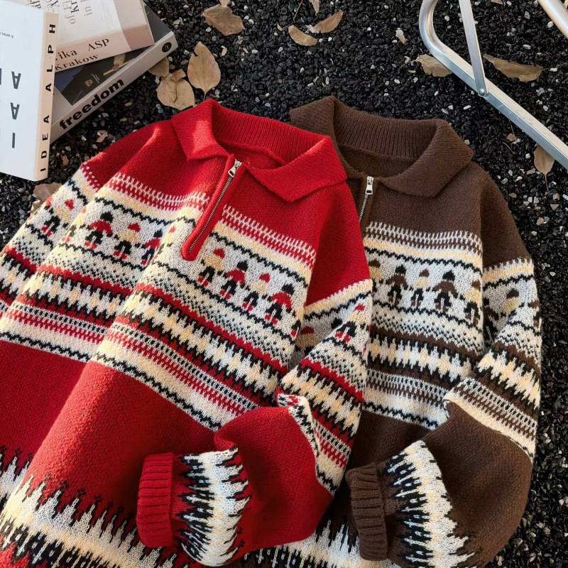 Ανδρικό πουλόβερ με μοτίβο Fair Isle και ρίγες, χριστουγεννιάτικη όψη, χαλαρή γραμμή, με μισό φερμουάρ, για άνοιξη και φθινόπωρο, ρετρό αμερικανικό στυλ