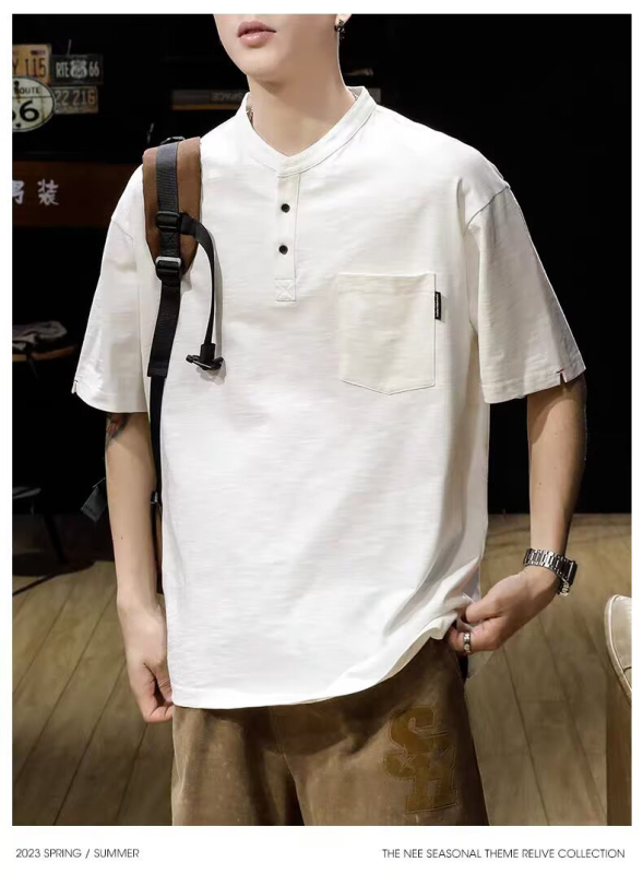 Muško polo s Henley ovratnikom, kratki rukavi, slobodan kroj, pamuk