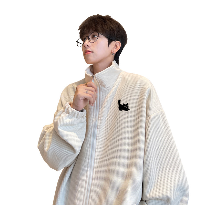Ανδρική ζακέτα με waffle πλέξη και φερμουάρ, φθινοπωρινό casual streetwear, ελεύθερη γραμμή