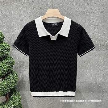 Muško polo s Turn-Down ovratnikom od Ice Silk, color-block pleteni, slim-fit, kratkim rukavima, crna