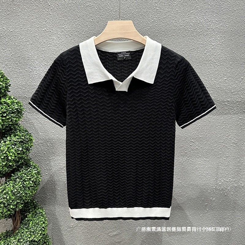 Muško polo s Turn-Down ovratnikom od Ice Silk, color-block pleteni, slim-fit, kratkim rukavima, crna