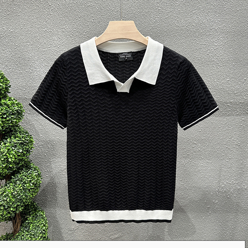Muško polo s Turn-Down ovratnikom od Ice Silk, color-block pleteni, slim-fit, kratkim rukavima, crna