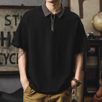 Muška polo majica s kratkim rukavima i zip zatvaračem, težak japanski retro sportski stil, širok kroj, ljeto