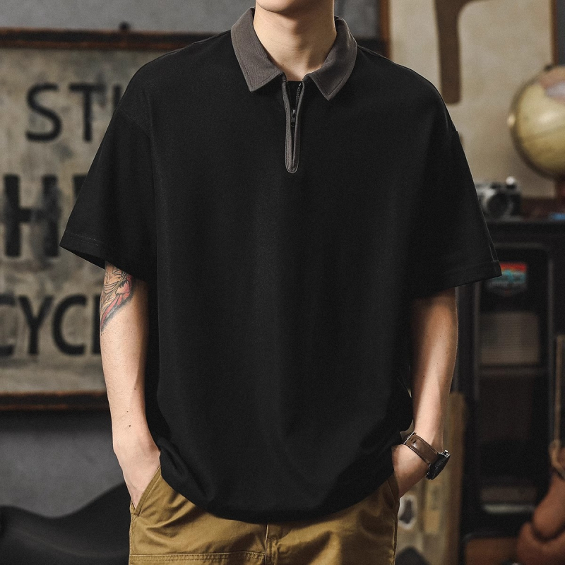 Muška polo majica s kratkim rukavima i zip zatvaračem, težak japanski retro sportski stil, širok kroj, ljeto