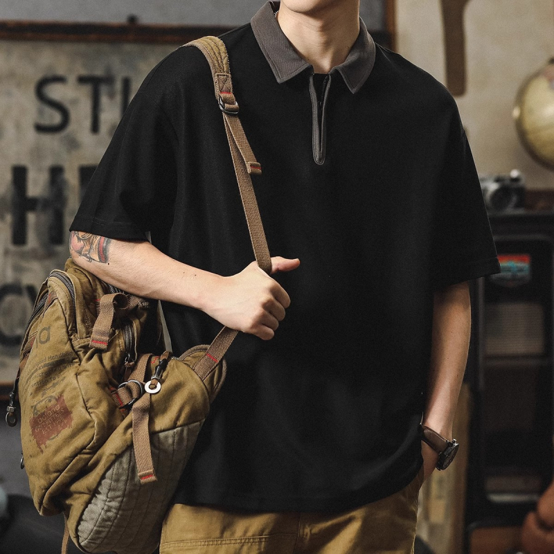 Muška polo majica s kratkim rukavima i zip zatvaračem, težak japanski retro sportski stil, širok kroj, ljeto