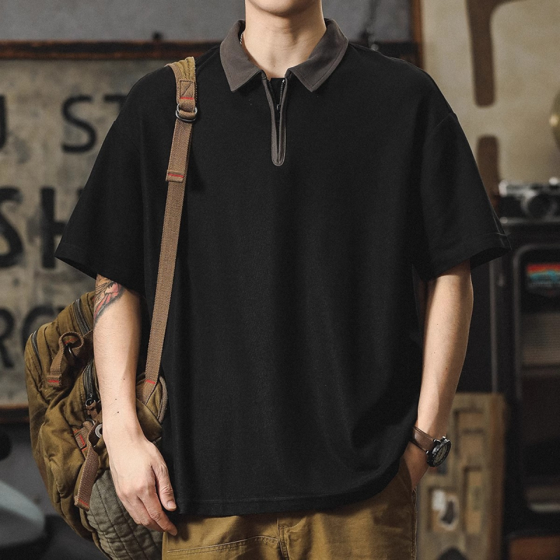 Muška polo majica s kratkim rukavima i zip zatvaračem, težak japanski retro sportski stil, širok kroj, ljeto