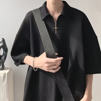 Muška polo majica s waffle uzorkom, ljetna ležerna kroja, jednobojna boja, s ovratnikom, polu-zip, kratki rukavi, američki stil
