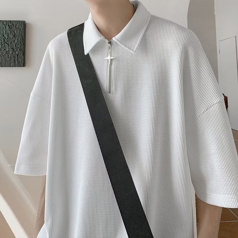 Muška polo majica s waffle uzorkom, ljetna ležerna kroja, jednobojna boja, s ovratnikom, polu-zip, kratki rukavi, američki stil