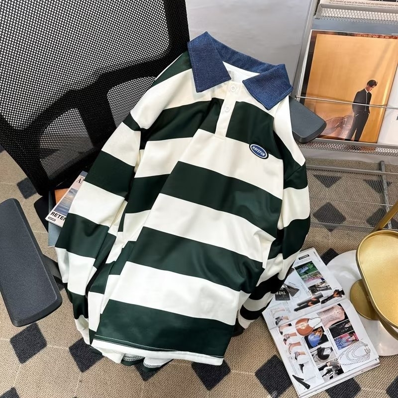 Polo majica s prugama i bojama blokovima, dugi rukav, opušteni kroj, gradski stil