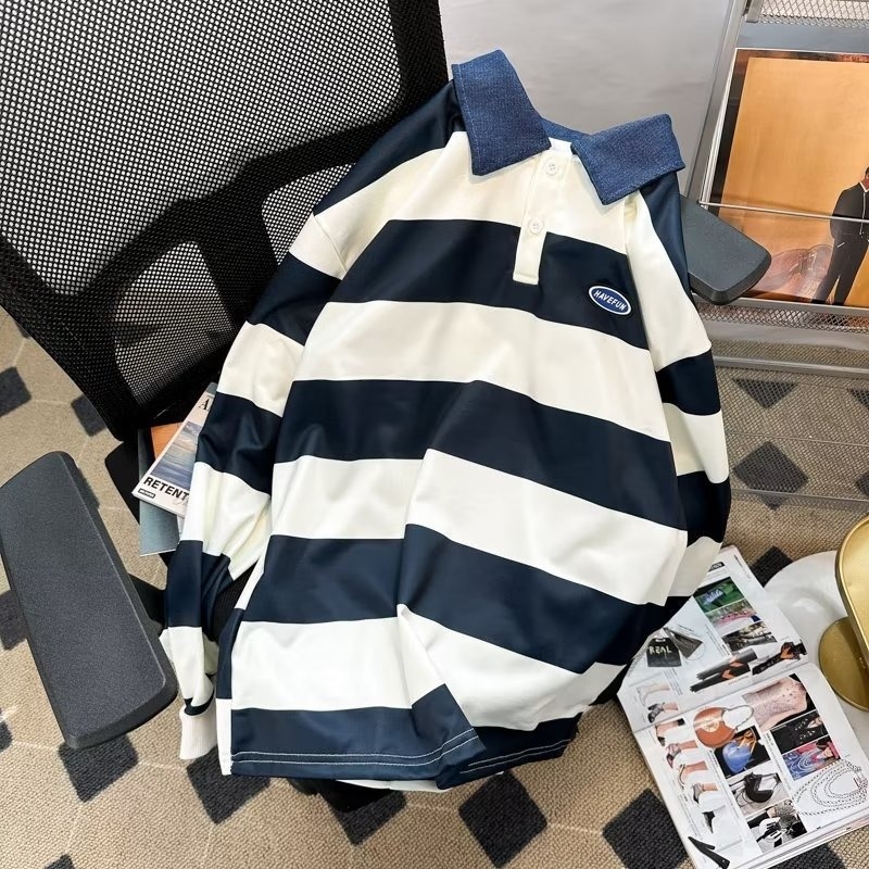 Polo majica s prugama i bojama blokovima, dugi rukav, opušteni kroj, gradski stil