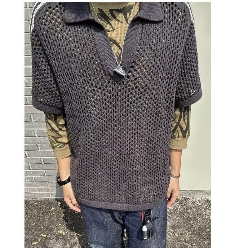 Muški polo s crnim mrežastim pletenim materijalom, kratkih rukava, američki stil, vrhunska kvaliteta