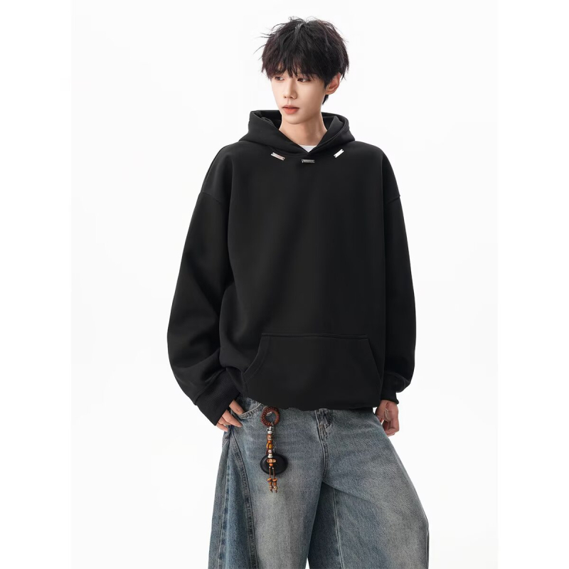 Muški hoodie s kapuljom u američkom retro stilu, teški materijal, labav kroj, jesen 2025, jednobojno