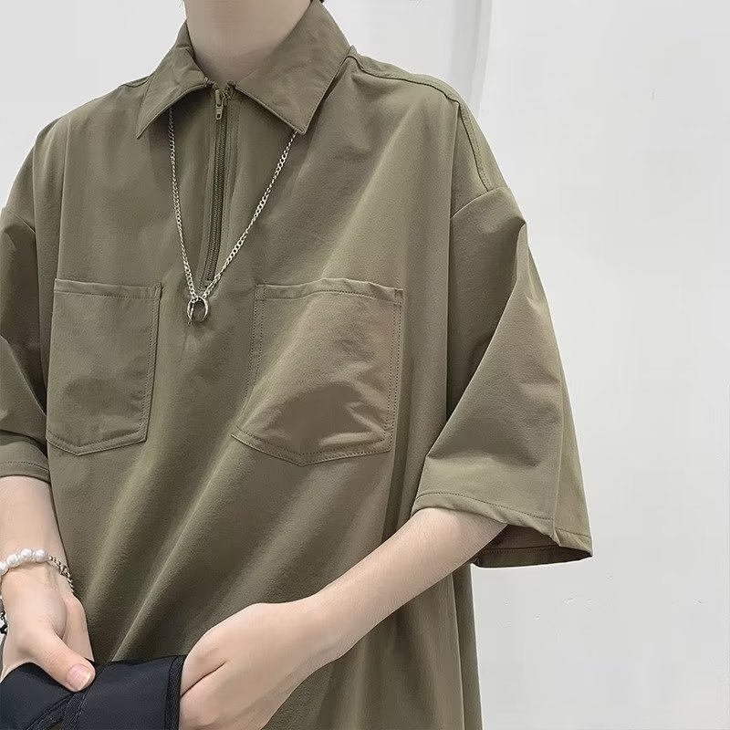 Muška polo majica u japanskom stilu, jednobojna, ljeto, retro i jednostavno, širok kroj, casual komad