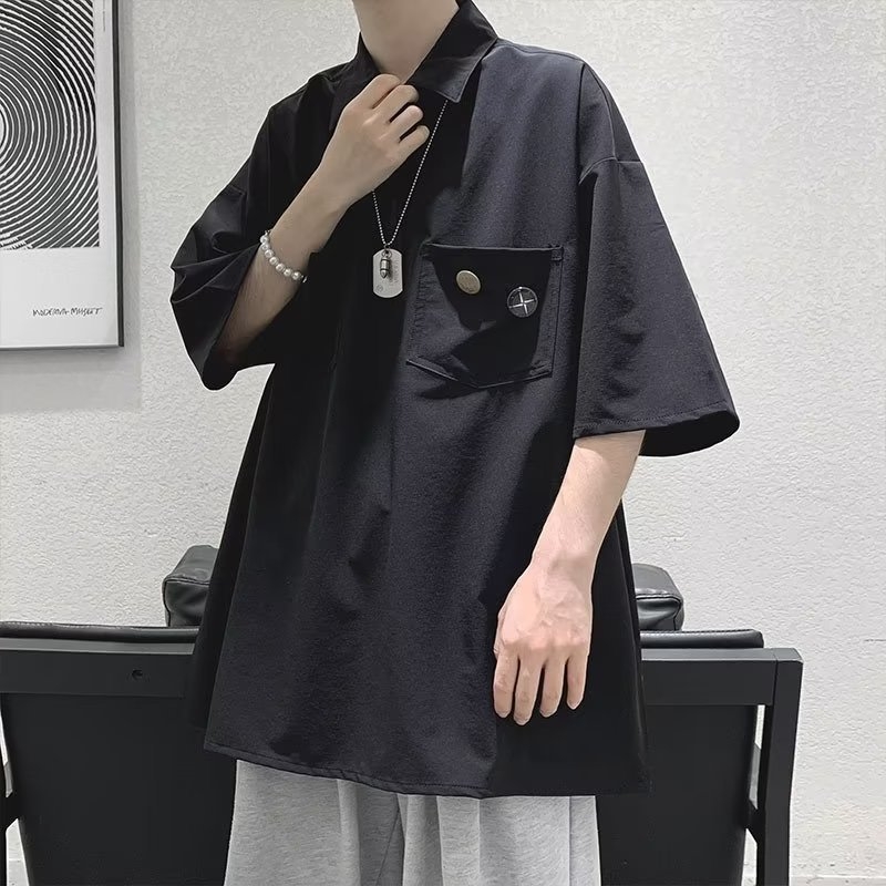 Muška polo majica u japanskom stilu, jednobojna, ljeto, retro i jednostavno, širok kroj, casual komad