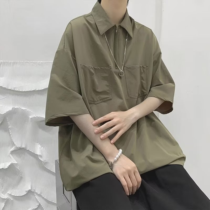 Muška polo majica u japanskom stilu, jednobojna, ljeto, retro i jednostavno, širok kroj, casual komad