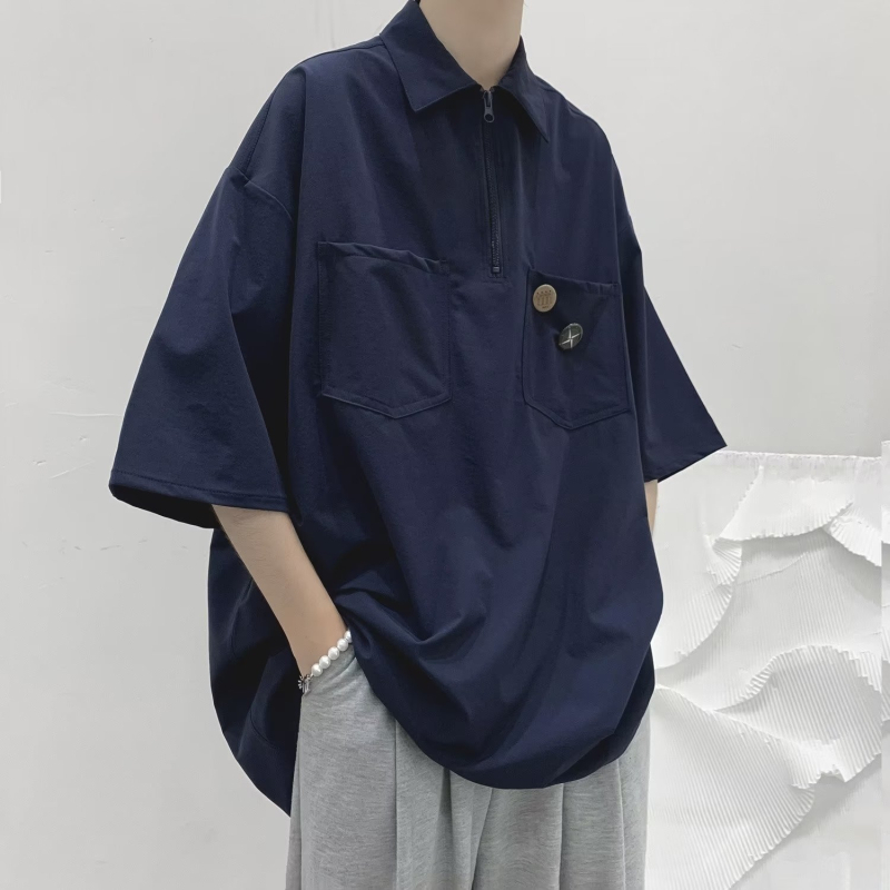 Muška polo majica u japanskom stilu, jednobojna, ljeto, retro i jednostavno, širok kroj, casual komad