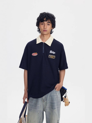 Japanski nadahnut retro polo majica s kontrastnim bojama, kratki rukavi, opušten kroj, izvezen logotip, mješavina pamuka i poliestera, ljetni stil