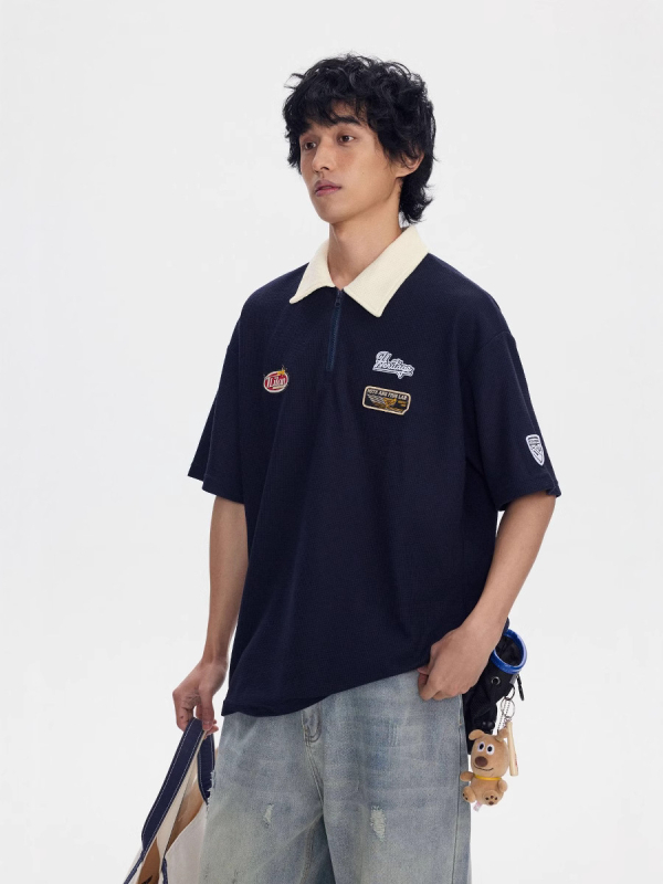 Japanski nadahnut retro polo majica s kontrastnim bojama, kratki rukavi, opušten kroj, izvezen logotip, mješavina pamuka i poliestera, ljetni stil