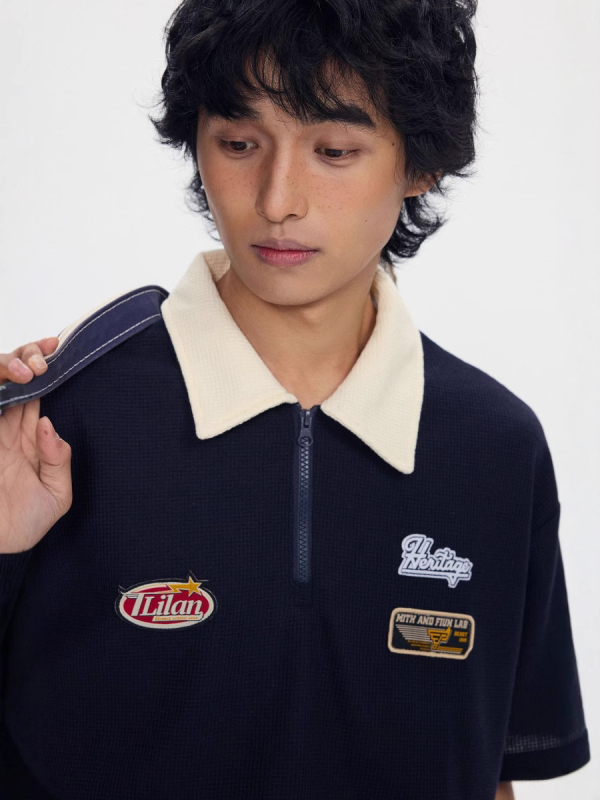 Japanski nadahnut retro polo majica s kontrastnim bojama, kratki rukavi, opušten kroj, izvezen logotip, mješavina pamuka i poliestera, ljetni stil