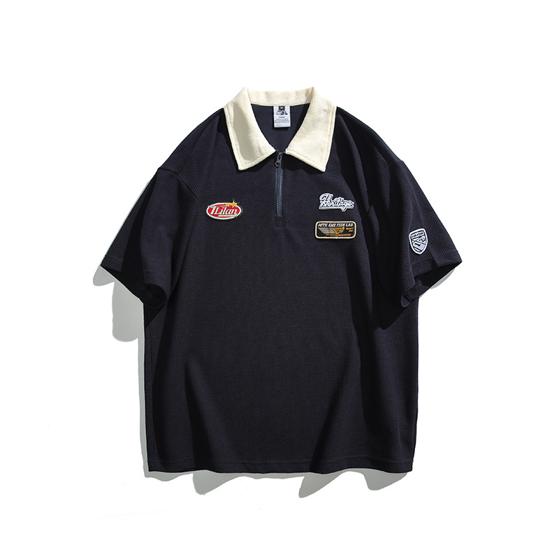 Japanski nadahnut retro polo majica s kontrastnim bojama, kratki rukavi, opušten kroj, izvezen logotip, mješavina pamuka i poliestera, ljetni stil