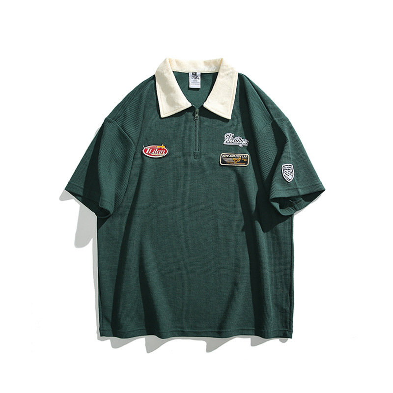 Japanski nadahnut retro polo majica s kontrastnim bojama, kratki rukavi, opušten kroj, izvezen logotip, mješavina pamuka i poliestera, ljetni stil