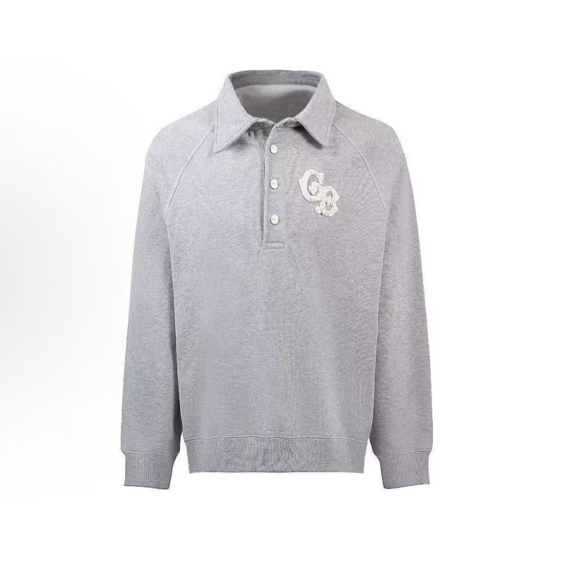 2026 Muško polo s dugim rukavima, u blok boja, u stilu Hongkonga, s izvezenim slovima, ležernog kroja, polu-zip.