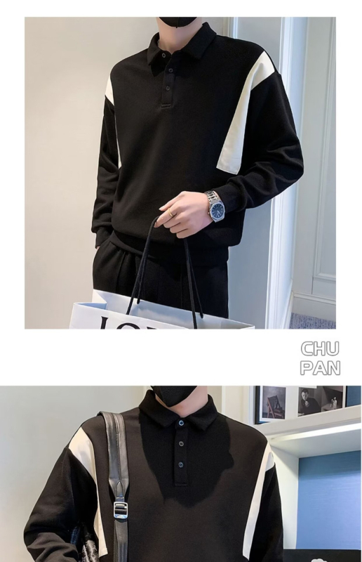 Muško polo dugih rukava s blok boja, šivana slova, retro američki stil, opuštena silueta, polu-zip