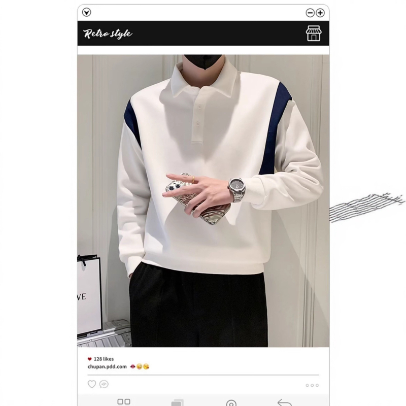 Muško polo dugih rukava s blok boja, šivana slova, retro američki stil, opuštena silueta, polu-zip
