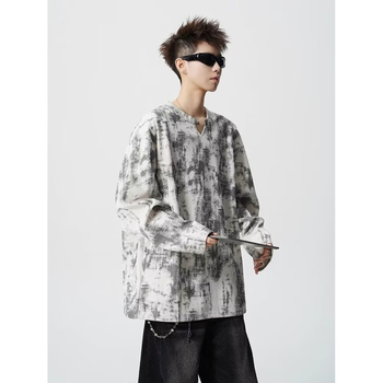 Ανδρική V-λαιμού corduroy μπλούζα με tie-dye, μακριά μανίκια, άνετη γραμμή, φθινόπωρο 2025