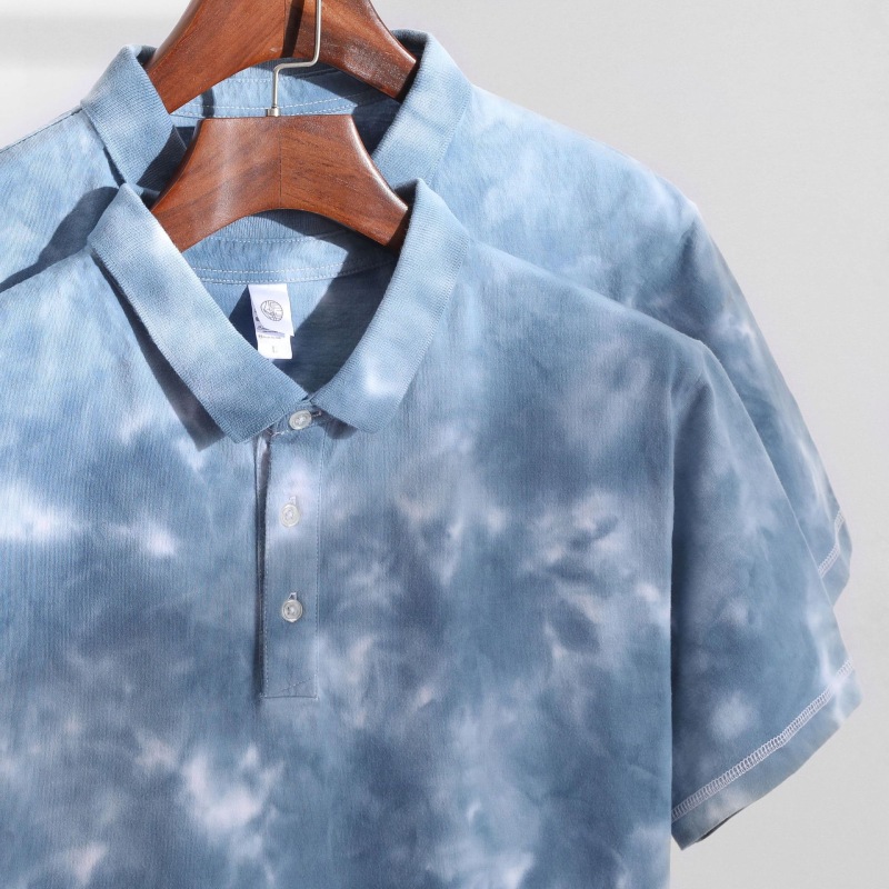 Πόλο πουκάμισο Tie-Dye, ιαπωνικού στυλ, βαρύ βαμβάκι 100%, με γιακά, κοντά μανίκια, φαρδιά γραμμή, αναπνέει, καλοκαίρι