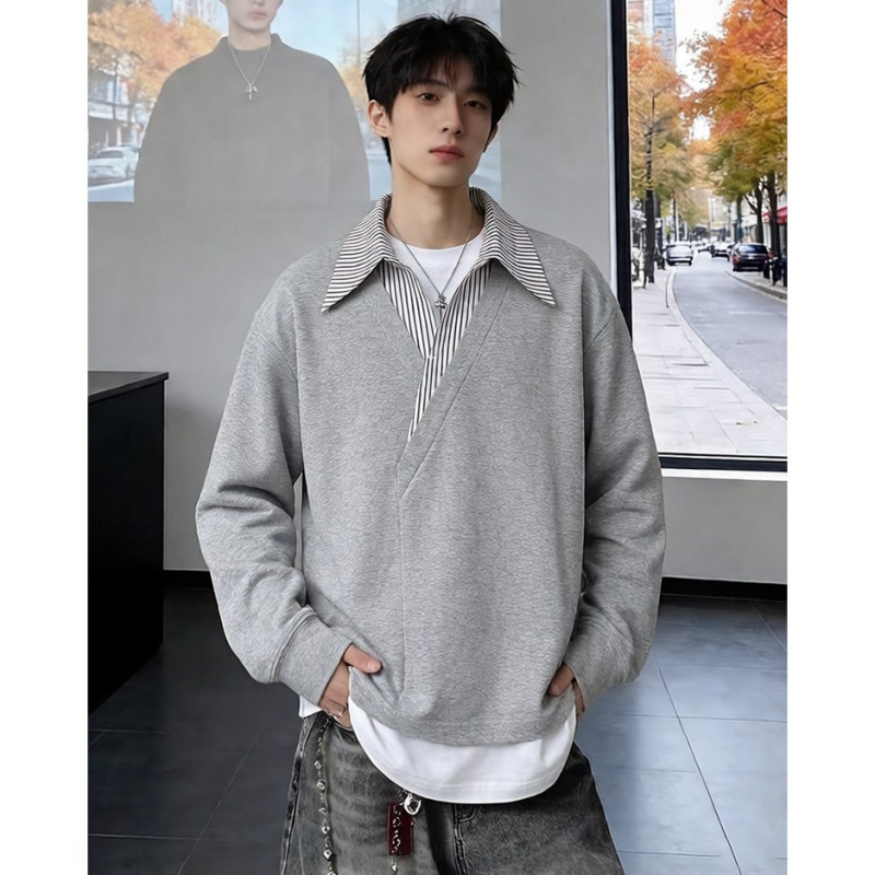 Muški lažni dvodijelni hoodie s ovršnikom košulje, polo stil, dugi rukavi, osnovni sloj za proljeće