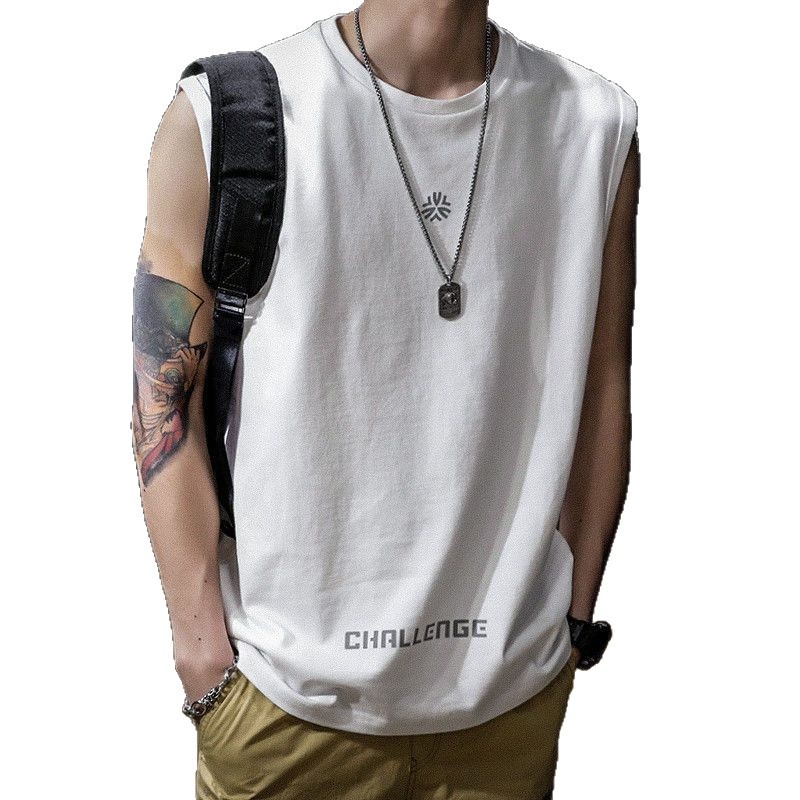 100% pamuk bez rukava T‑shirt, bijela, teški materijal, opuštena silueta, ljeto, muški svakodnevni top