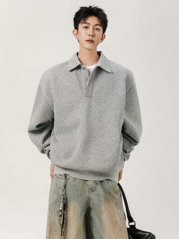 Ανδρικό φούτερ με γιακά Henley, αμερικανικό στυλ Cleanfit, κορεατικό στυλ, φαρδιά γραμμή, τοπ polo στυλ
