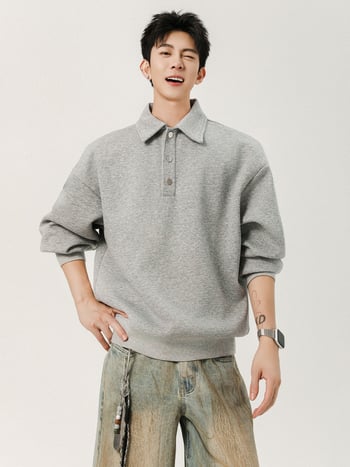 Ανδρικό φούτερ με γιακά Henley, αμερικανικό στυλ Cleanfit, κορεατικό στυλ, φαρδιά γραμμή, τοπ polo στυλ
