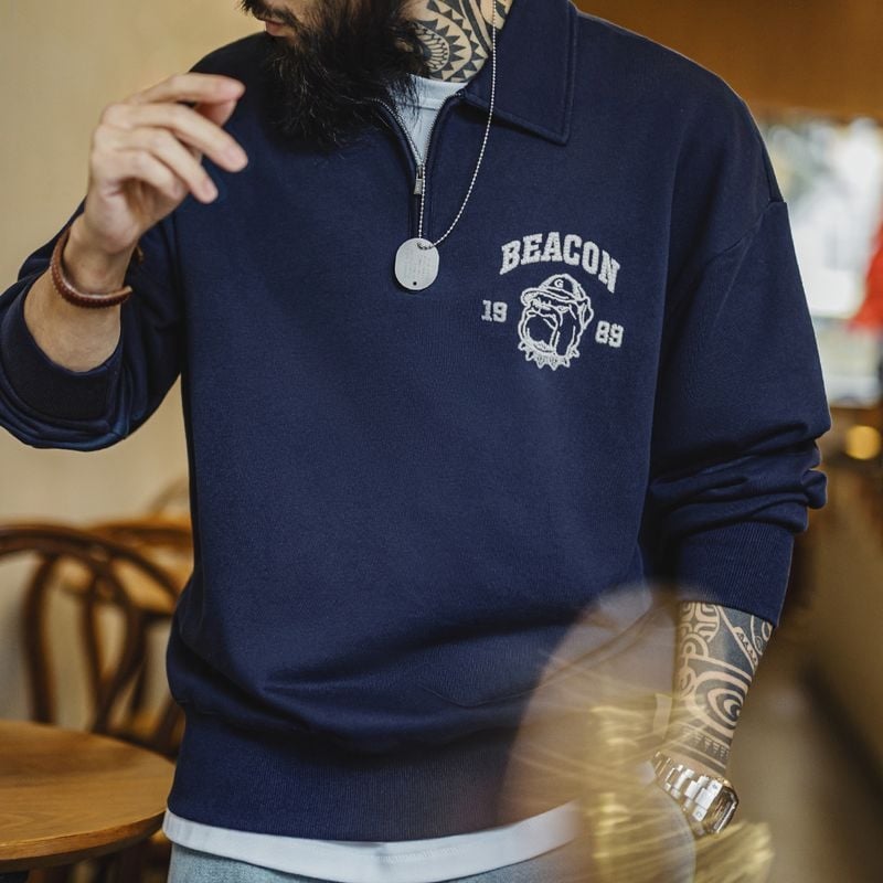 Madden Workwear američki retro s 3D vezom, pulover s polovičnim zipom i polo ovratnikom, muški proljetni top