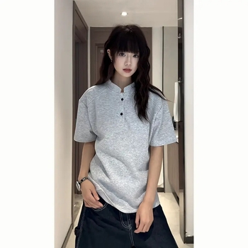 Boxy Henley muški T-shirt s kratkim rukavima, američki retro dekonstruiran visokokvalitetan izgled, jesen, slim kroj ramena