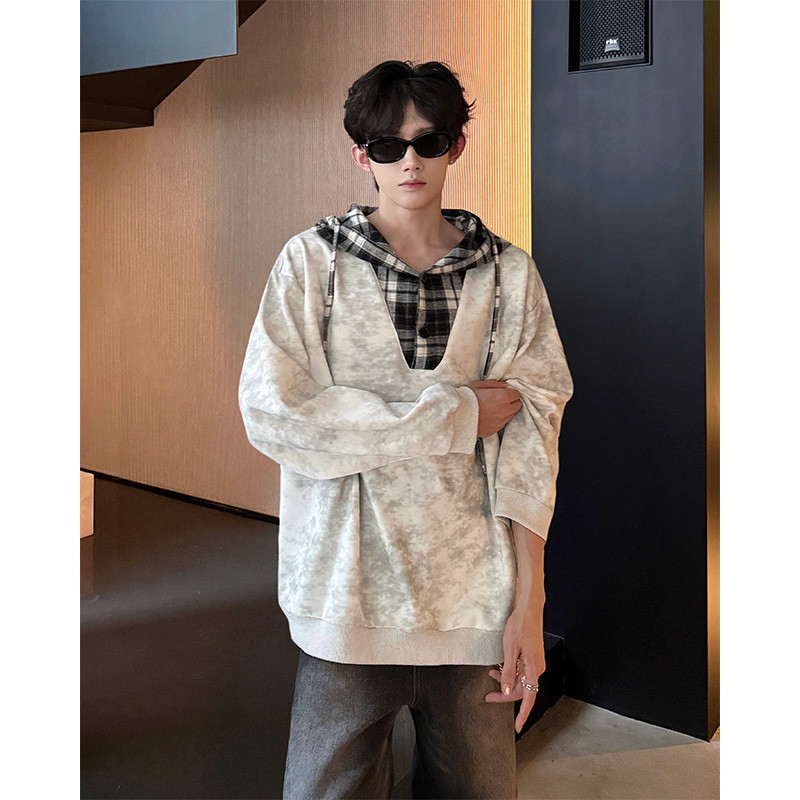 Ανδρικό φούτερ με καρό σχέδιο και χρωματικό μπλοκ, ψευδοδιπλής όψης με κουκούλα, στυλάτο φθινοπωρινό εξωτερικό ρούχο