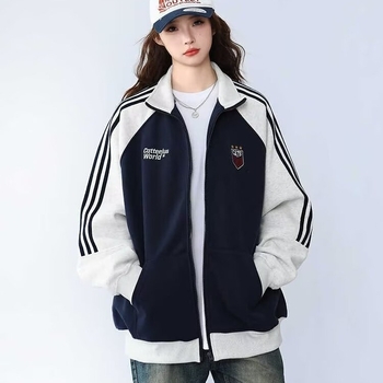 Φθινοπωρινό unisex αθλητικό cardigan με τρεις ρίγες και αντίθεση χρωμάτων, ρετρό έμπνευσης baseball στυλ με φερμουάρ, χαλαρή εφαρμογή, 96% βαμβάκι