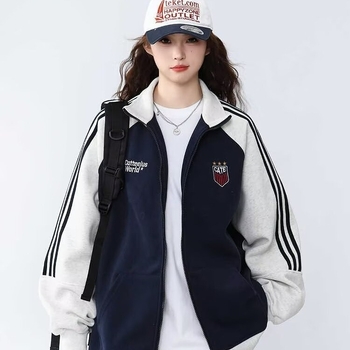 Φθινοπωρινό unisex αθλητικό cardigan με τρεις ρίγες και αντίθεση χρωμάτων, ρετρό έμπνευσης baseball στυλ με φερμουάρ, χαλαρή εφαρμογή, 96% βαμβάκι
