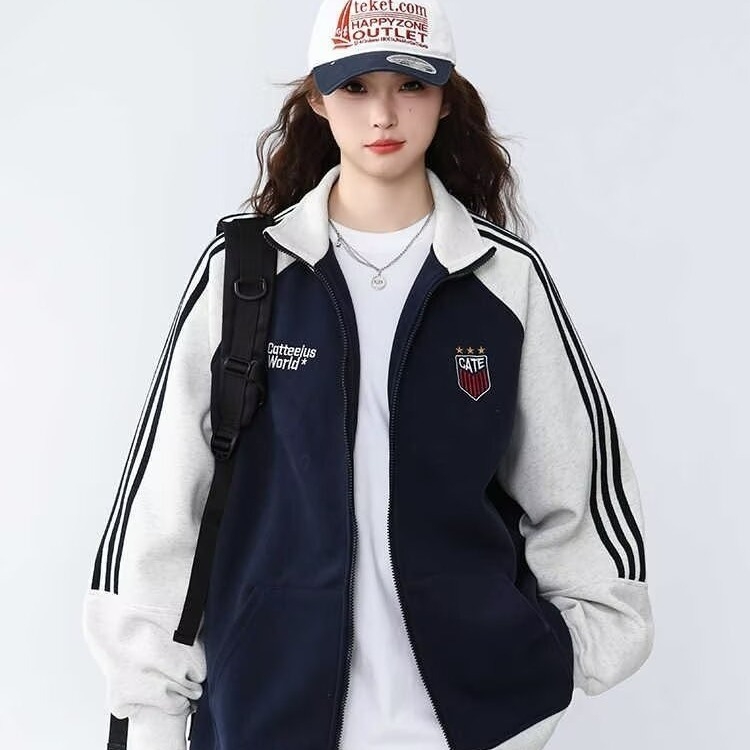 Φθινοπωρινό unisex αθλητικό cardigan με τρεις ρίγες και αντίθεση χρωμάτων, ρετρό έμπνευσης baseball στυλ με φερμουάρ, χαλαρή εφαρμογή, 96% βαμβάκι