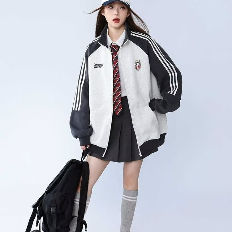 Φθινοπωρινό unisex αθλητικό cardigan με τρεις ρίγες και αντίθεση χρωμάτων, ρετρό έμπνευσης baseball στυλ με φερμουάρ, χαλαρή εφαρμογή, 96% βαμβάκι