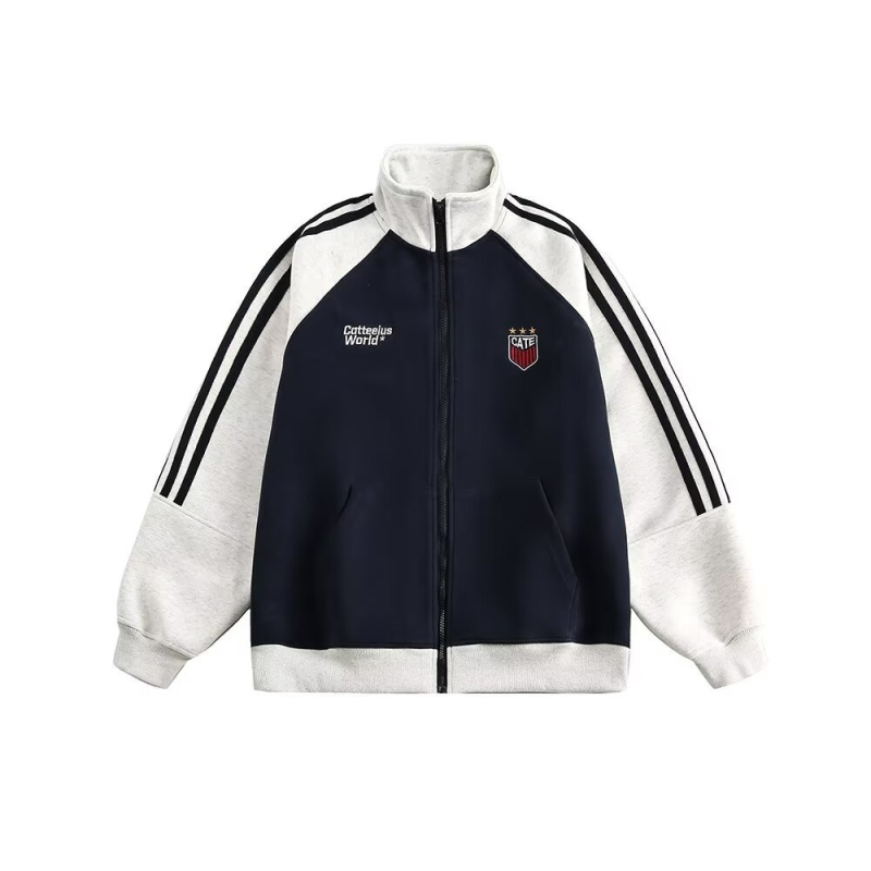 Φθινοπωρινό unisex αθλητικό cardigan με τρεις ρίγες και αντίθεση χρωμάτων, ρετρό έμπνευσης baseball στυλ με φερμουάρ, χαλαρή εφαρμογή, 96% βαμβάκι