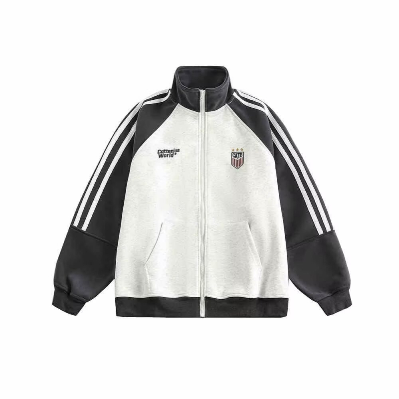 Φθινοπωρινό unisex αθλητικό cardigan με τρεις ρίγες και αντίθεση χρωμάτων, ρετρό έμπνευσης baseball στυλ με φερμουάρ, χαλαρή εφαρμογή, 96% βαμβάκι