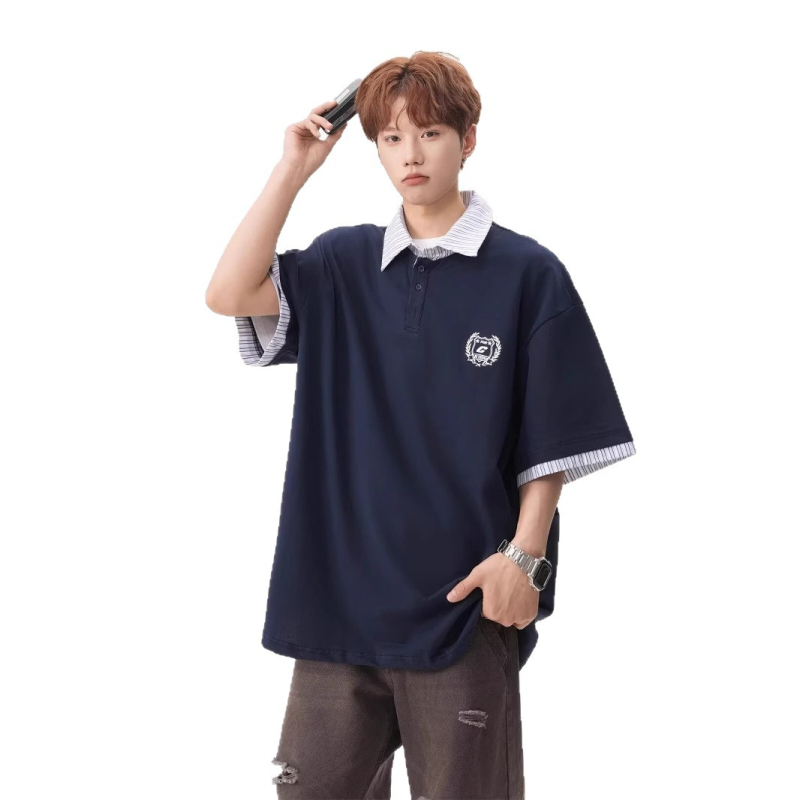 Ljetna polo majica s izšivenom vezom u američkom retro preppy stilu, unisex, široki kroj, lažni dvodijelni dizajn